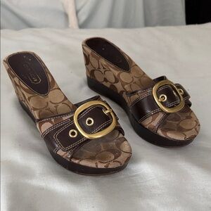 Coach Tan and Brown Wedge Sandals
